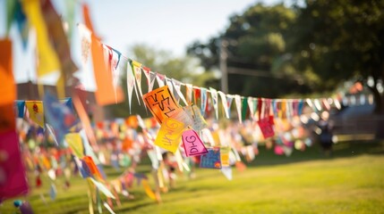 Closeup of a field covered in colorful, handmade banners and signs created by spectators at a neighborhood tball game.
