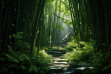 A bamboo forest with its tall, thin stalks and lush green leaves
