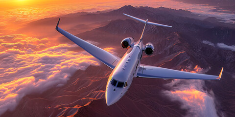 Luxury business jet against the backdrop of the sunset sky