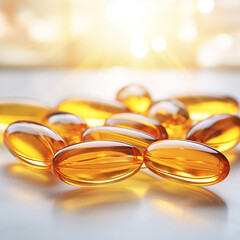 Cod liver oil omega 3 gel capsules close up. Fish oil capsules.