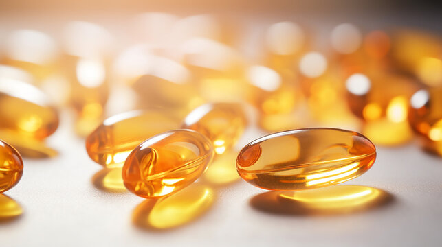 Cod liver oil omega 3 gel capsules close up. Fish oil capsules.