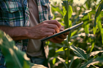 Man Holding Tablet in Field, Using Technology Outdoors for Work or Leisure