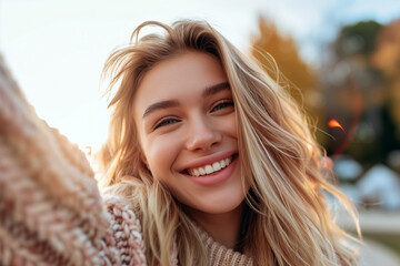 Blonde Woman Smiling Directly at Camera With Happy Expression Close-up Portrait Photo