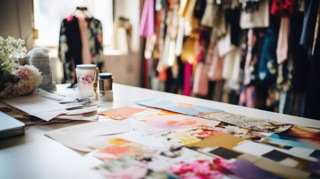 Closeup of an inspiration board covered in magazine outs, fabric swatches, and handwritten notes in a fashion designers studio.