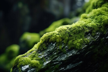 A closeup of a moss covered rock, with its vibrant green moss and unique texture