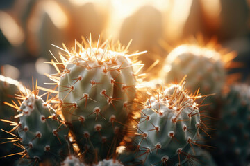 A close-up of a prickly cactus with its spines glistening in the sunlight - obrazy, fototapety, plakaty