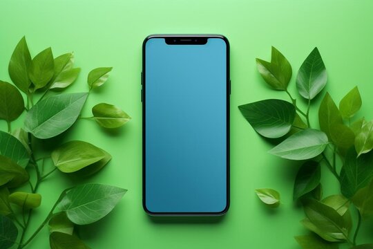 Eco-friendly mobile phone with foliage on blue screen. Green leafy backdrop. Sustainable digital platform. Generative AI