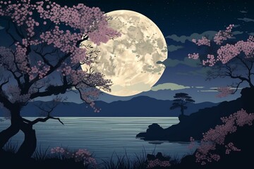 Moonlit ocean with sakura trees in a Japanese-style painting. Generative AI