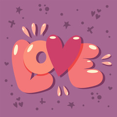 Hand drawn poster Love with bubble font. Cute romantic vector design for Valentines day.