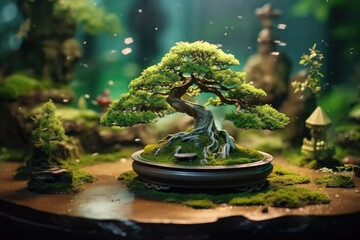 A bonsai tree in a zen garden