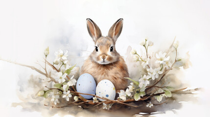 A watercolor painting of a bunny with Easter eggs nestled in spring blossoms on white background