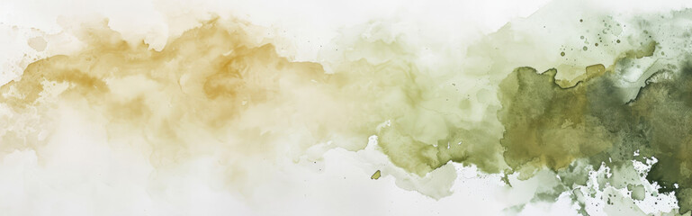 Fototapeta premium Watercolor abstract background on white canvas with a dynamic mix of earthy brown and olive green, banner, panorama