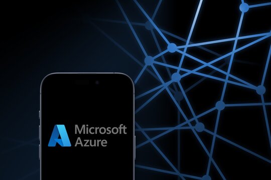 Microsoft Azure Logo shown on a modern smartphone in front of connected dots in front of a dark blue in the background, cloud, online, internet, business