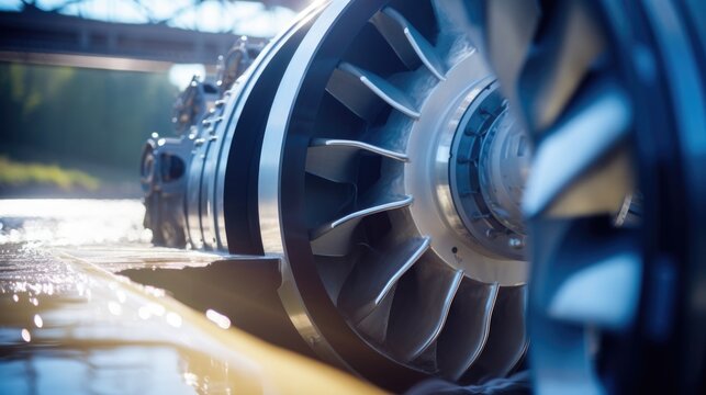 Detailed shot of a hydropower turbine, demonstrating the use of water to generate electricity.