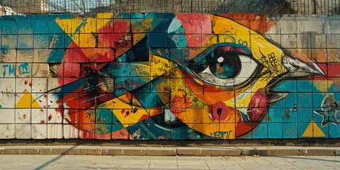 Colorful bird graffiti on a wall, suitable for vibrant design elements, youth culture themes or artistic educational materials.