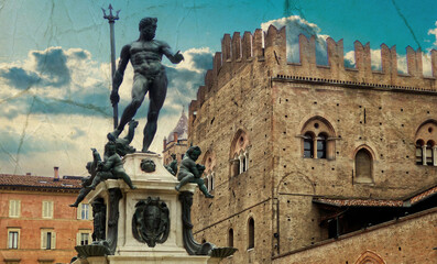 Fototapeta na wymiar Statue of Neptune, old Italian postcard. Vintage old style look photograph with scratches and dust. Bologna, Italy.