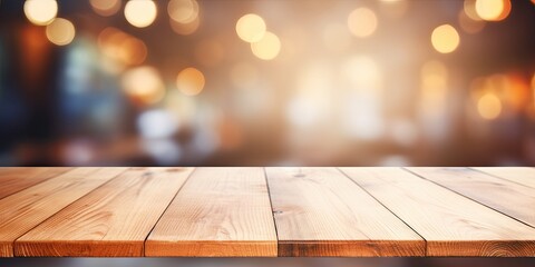 Wooden table surface with abstract blurred background for interior building display or product montage.
