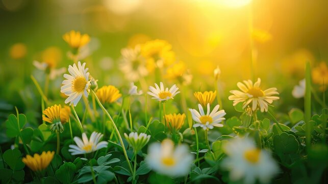 Beautiful summer natural background with yellow white flowers daisies, clovers and dandelions in grass against of dawn morning