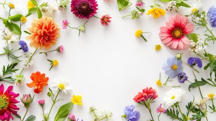 Flowers composition. Wreath made of various colorful flowers on white background. Easter, spring, summer concept. Flat lay, top view, copy space