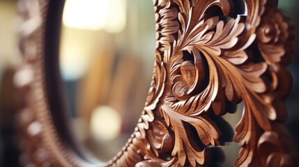 Closeup of the intricate wood carvings adorning the frame of a mirror on the gallery wall.
