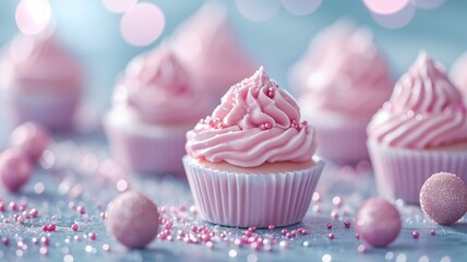 Pink cupcakes with creamy frosting and delicate sprinkles