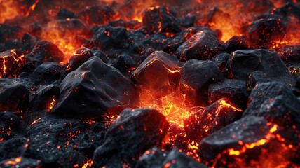 Molten lava on coal with intense heat and fiery glow