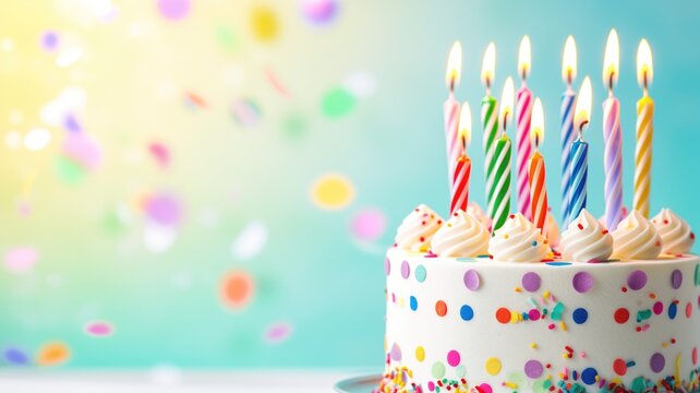 A colorful birthday cake with lit candles and confetti on a light background