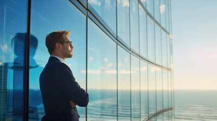 Businessman looking out over the sea from a glass building