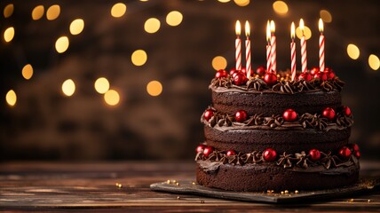 Elegant chocolate cake with red baubles and lit candles
