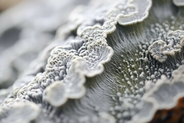 A close-up of a lichen, showing its intricate details and patterns, isolated on white background