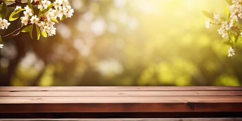 Blurred spring background with nature outdoors and a wooden table.