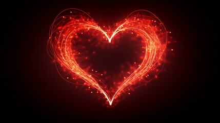 A glowing heart symbol of red sparks and fireworks  on black background. Passion and love sign concept	
