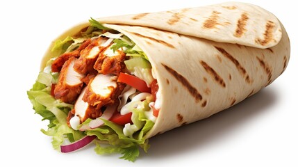 Tasty chicken shawarma or doner roll with fresh ingredients on isolated white background