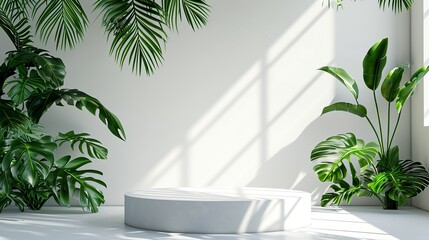 Elevate your banner concept with a white podium and nature leaves, forming a minimal product display pedestal in an empty studio scene for beauty and fashion.  Generated AI