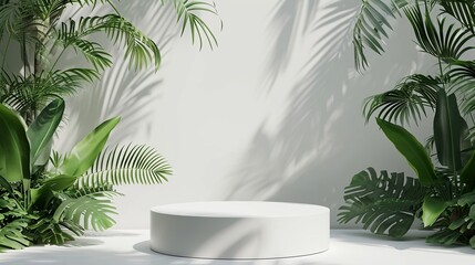 Transform your beauty and fashion banner with a white podium and nature leaves, creating a minimal product display in an empty studio scene.  Generated AI