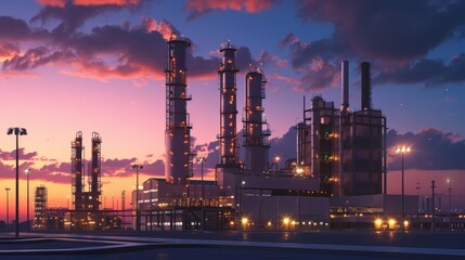 Oil Refinery at Dusk With Sky Background