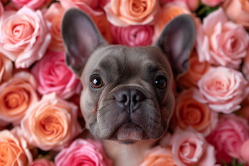 Close up portrait of face of cute funny french bulldog dog  peeking out from pink roses 