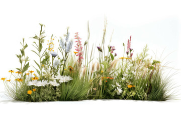A grassy meadow with a variety of wildflowers, grasses, and other plants, isolated on white background - obrazy, fototapety, plakaty