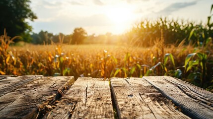 Corn Field Tranquility: A Wooden Table, Empty with Abundant Copy Space, Placed over a Corn Field Background, Eliciting Thoughts of Fresh Harvest and Agricultural Serenity.

