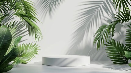 Obraz premium White podium with nature leaves on background for minimal product display pedestal empty studio scene cosmetic beauty and fashion banner concept. Generated AI