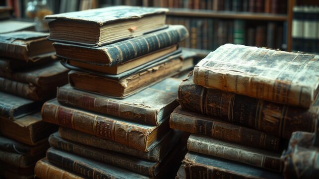 Stack of Old Books in Library, A Glimpse Into History and Knowledge