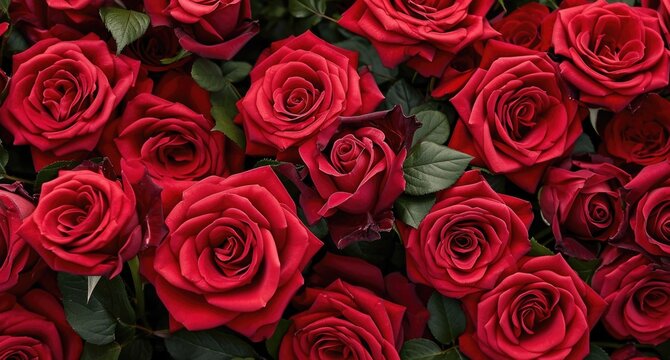 Romantic Red Roses: Close-Up of Velvety Petals and Lush Green Leaves Luxury red rose floral pattern