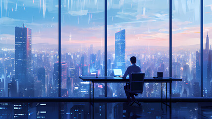 a businessman working at a desk on the top floor of a skyscraper office building, city skyline in the background