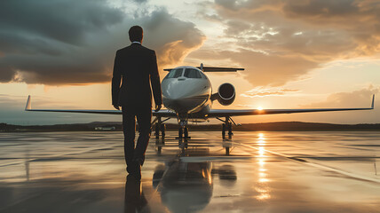 a man walking towards a private jet airplane preparing to board - obrazy, fototapety, plakaty