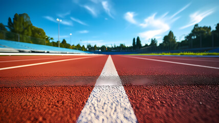 close up low ground angle photo of a running track outside, wide angle lens photo - obrazy, fototapety, plakaty