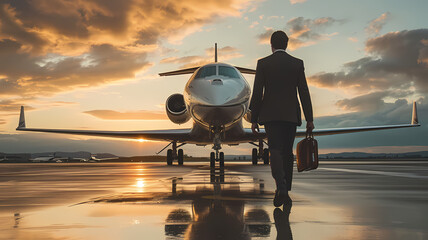 a man walking towards a private jet airplane preparing to board - obrazy, fototapety, plakaty
