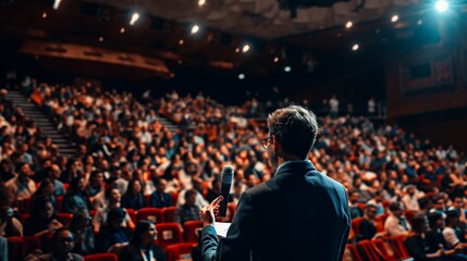 Man Standing in Front of Crowd With Microphone, Speaking to the Audience - obrazy, fototapety, plakaty
