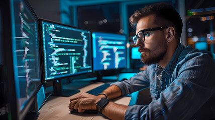 computer data analyst working hard to solve complex problems