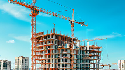 construction site for a large building with a clear blue sky background