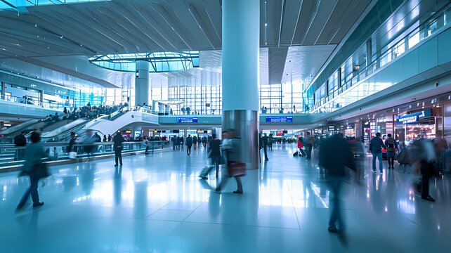 a busy airport terminal with people walking around, motion blurred photo